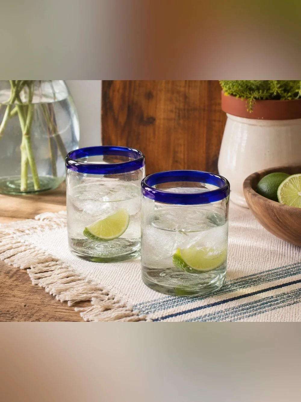 Set of 2 Hand Blown Mexican Glass Tumblers Cobalt Blue Rim Recycled Glass